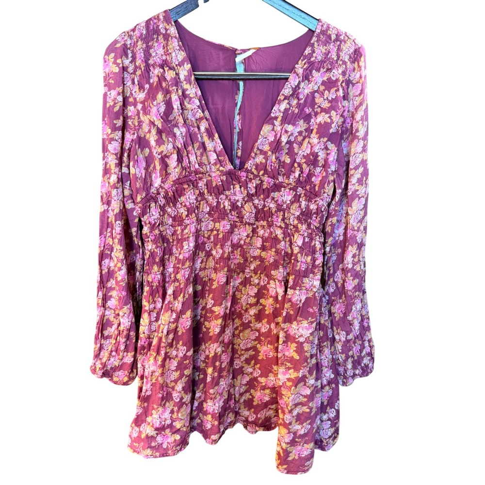 Free People Womens M Keep You Mini Plum Floral Smocked V-Neck Poet Boho Country